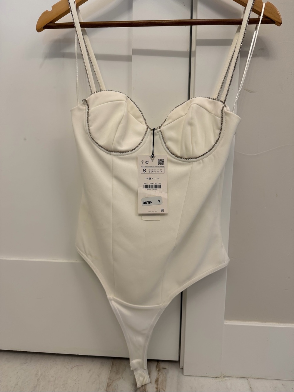 Zara White Rhinestone-Trim Bustier One-Piece Bodysuit